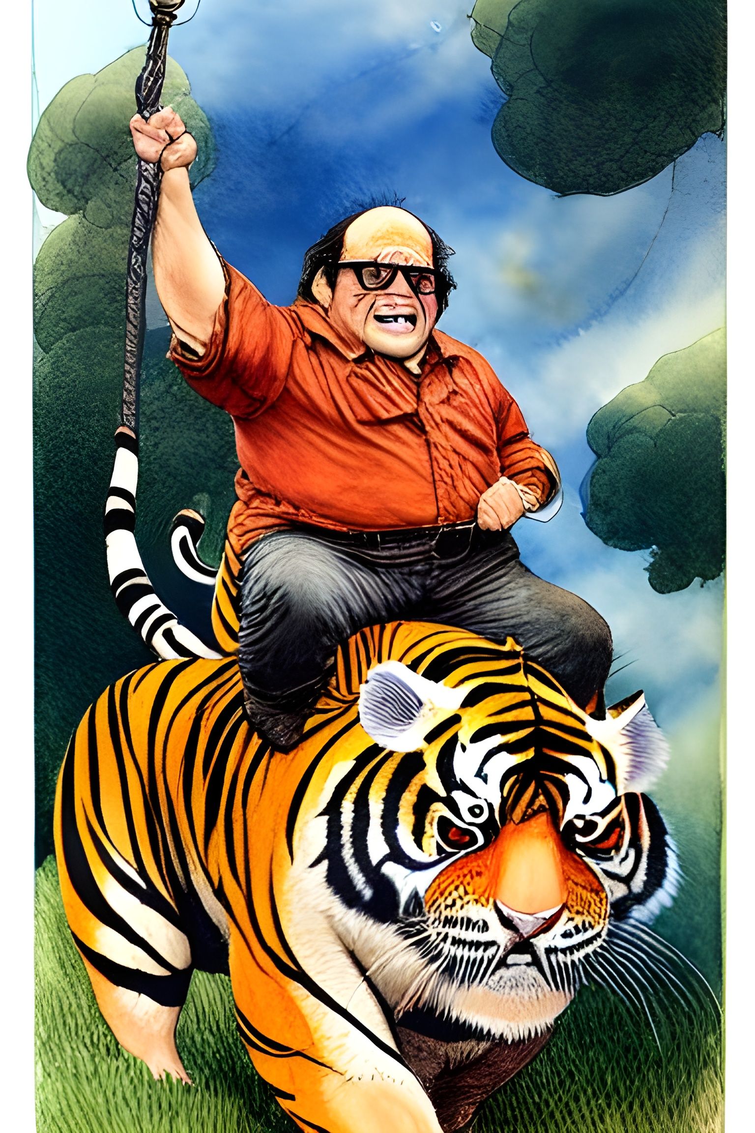 Danny DeVito Rides a Tiger in Watercolor Style