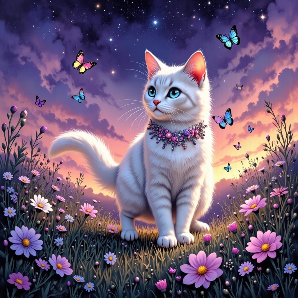 Enchanted Cat Cleo in Magical Twilight Meadow