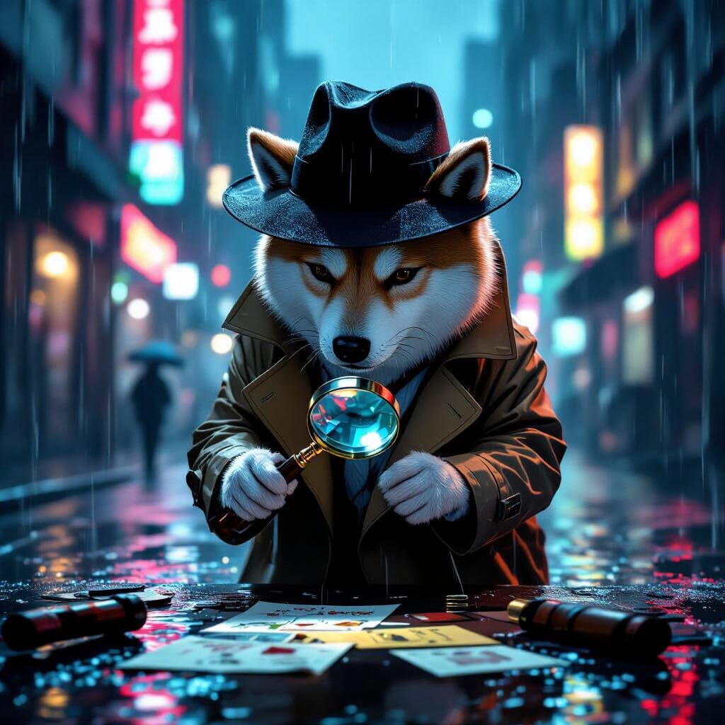 Shiba Inu Detective Investigates Crime Scene in Noir Style