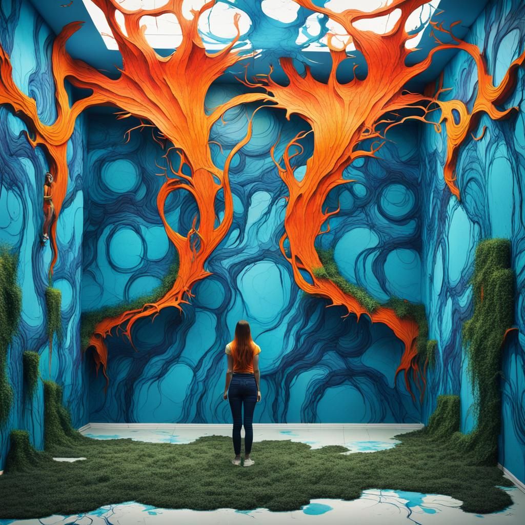 Surreal Girl in Room with Living Walls: Expressionist Art