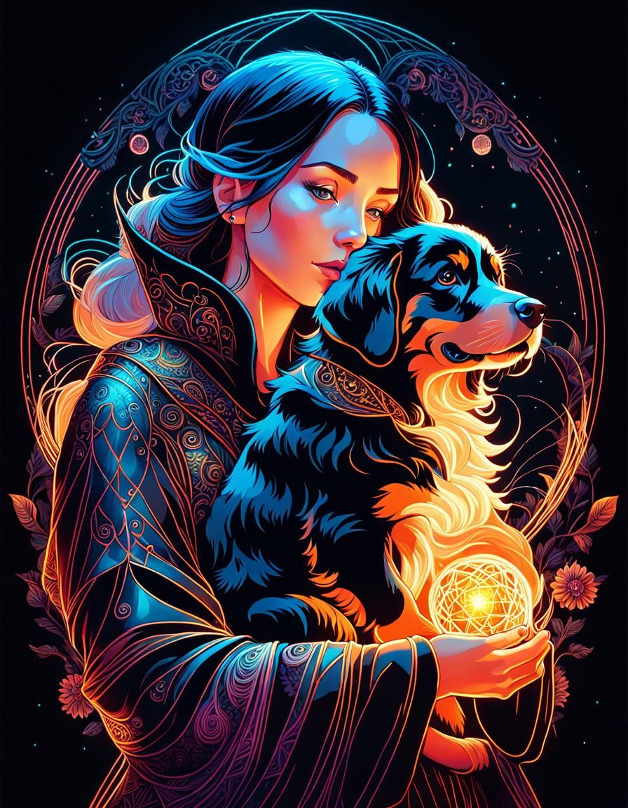 Neon Witch Portrait with Puppy in Digital Art
