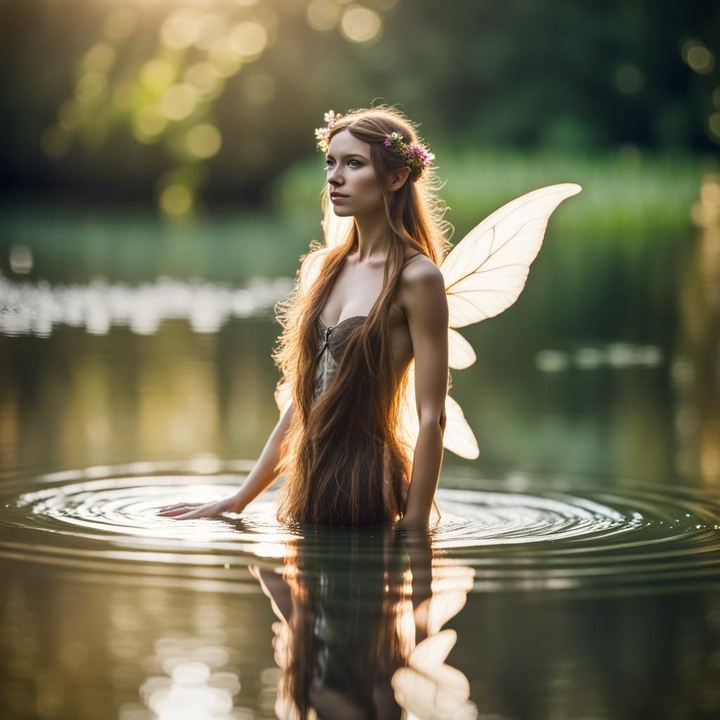 Prehistoric Fairy Standing in Pond, Natural Lighting