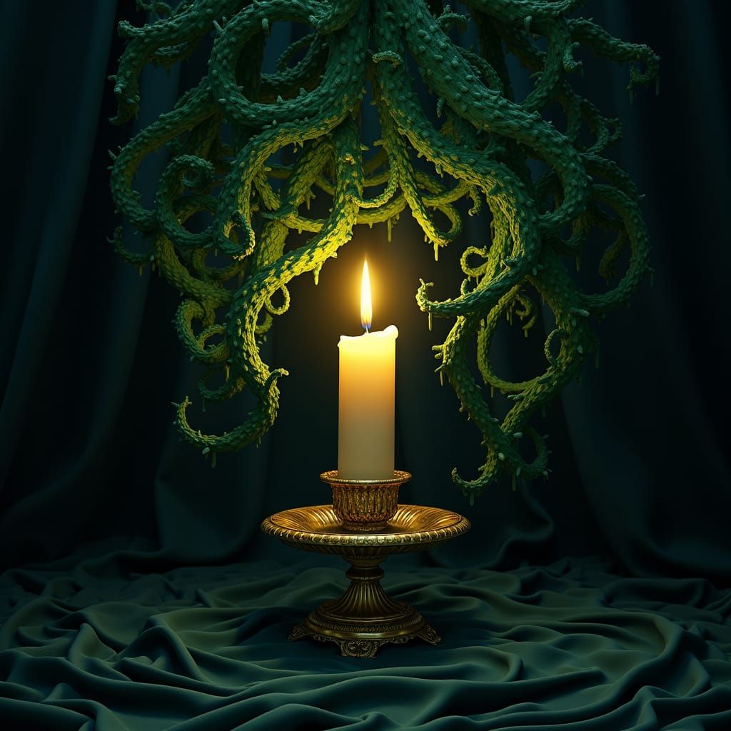 Ornate Candle Glows Beneath Emerald Green Bushel