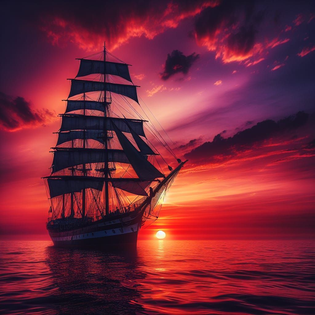 Sailing Ship Silhouette at Fiery Sunset