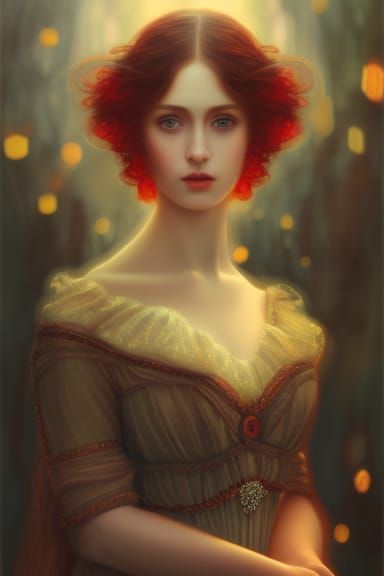 Pre-Raphaelite Princess with Golden Eyes in Red Dress