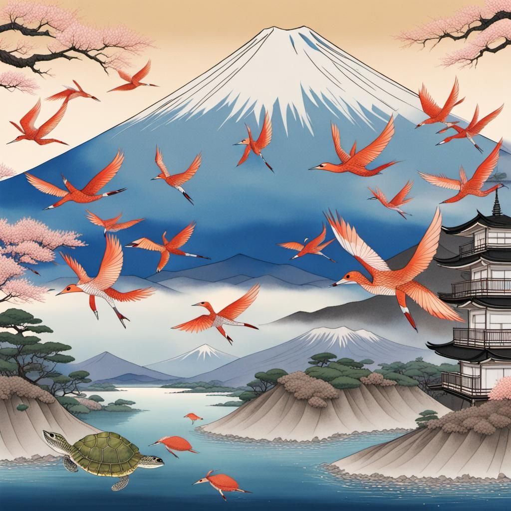 Ten thousand cranes, ten thousand cranes, Mt. Fuji, and ten ...