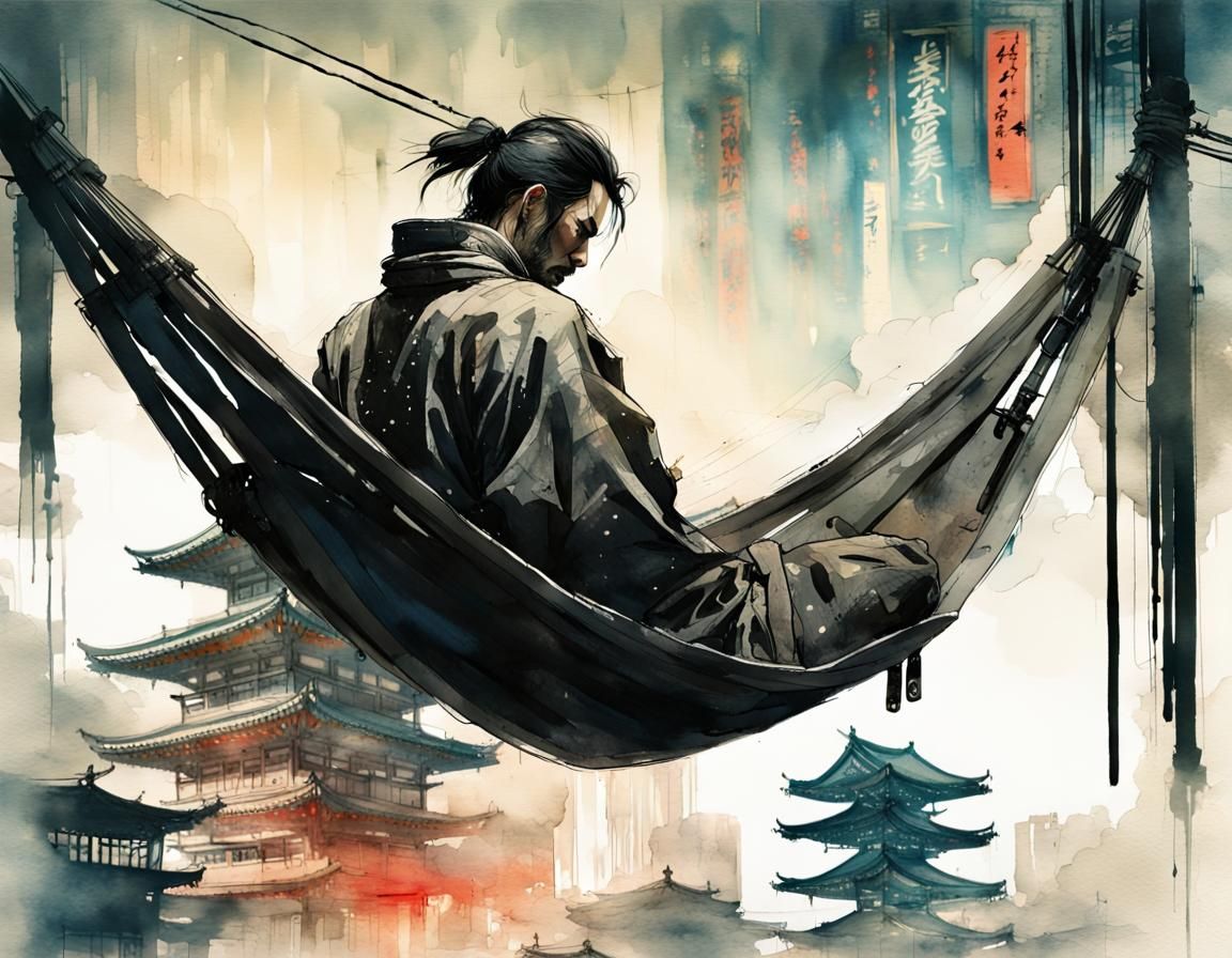 Samurai Asleep in Hammock: Watercolor Cyberpunk Illustration