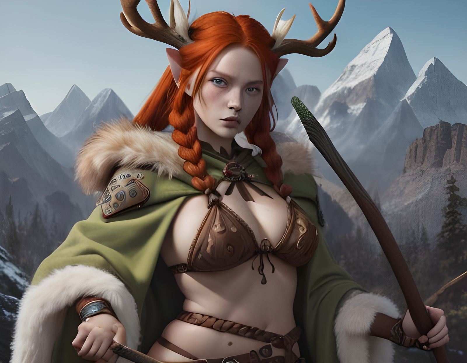 Redhead Huntress with Bear in Fantasy Landscape