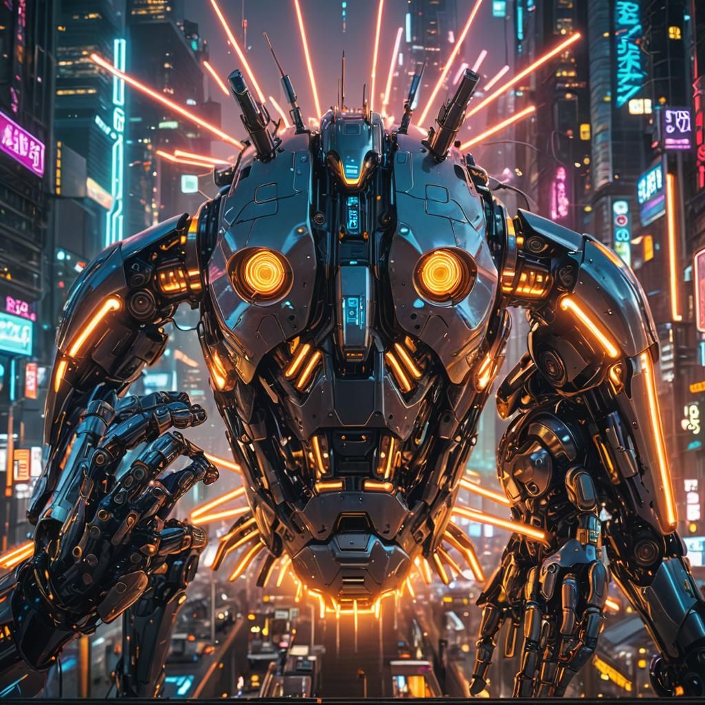 Robots Dominate Neon Cityscape in Digital Art
