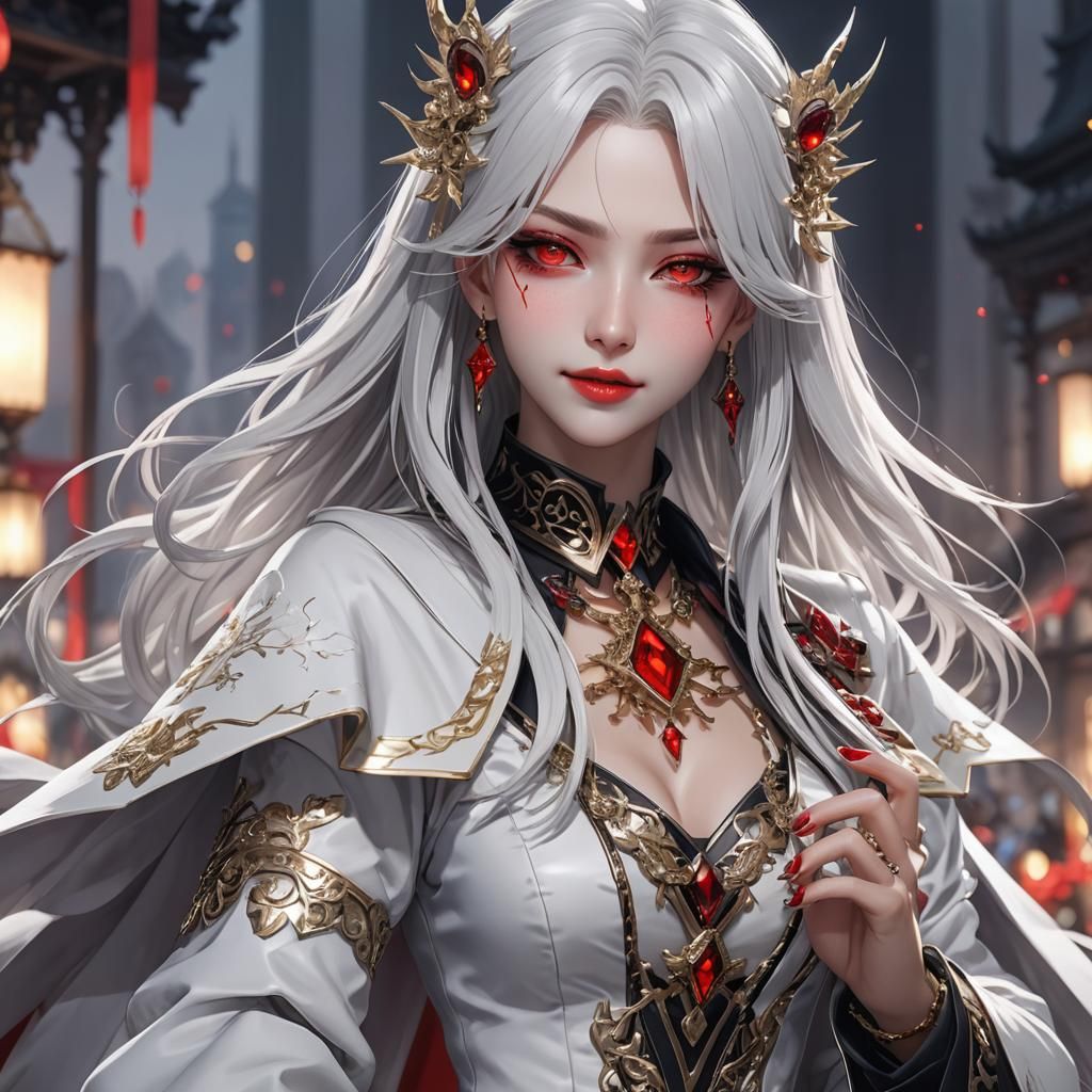 Anime Girl with Red Eyes and White Hair