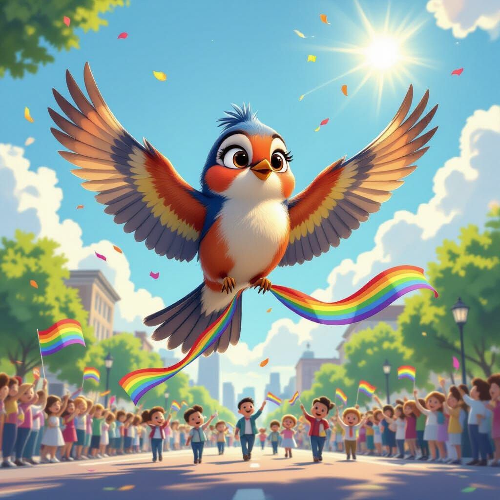 Pixar-Style Pride Robin Soaring Over a Joyful Celebration