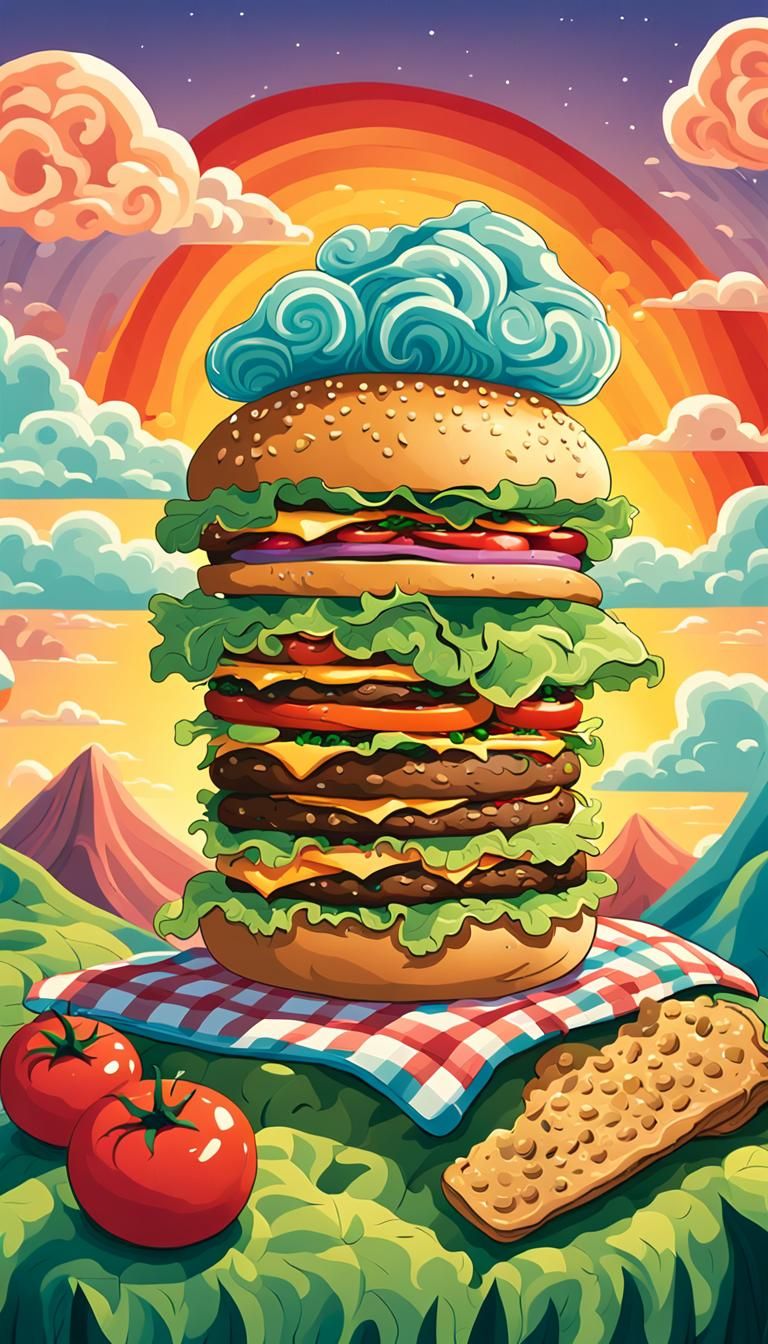 Colossal Hamburger Picnic on a Mountain