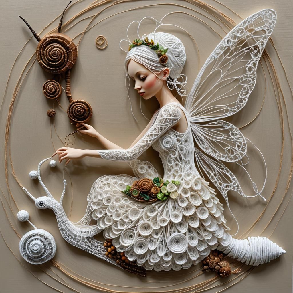 String artwork, fairy riding on a snail..