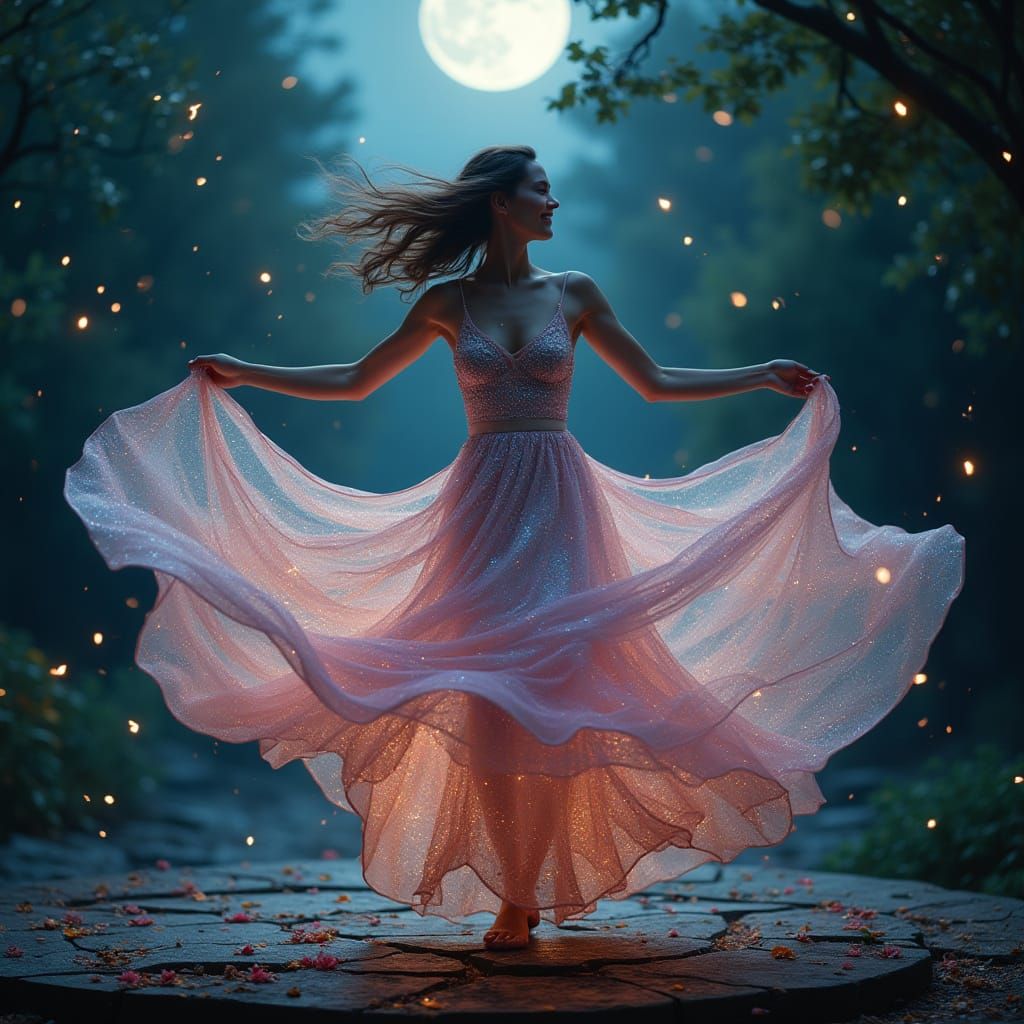 Iridescent Dancer Under the Moon in Cinematic Style