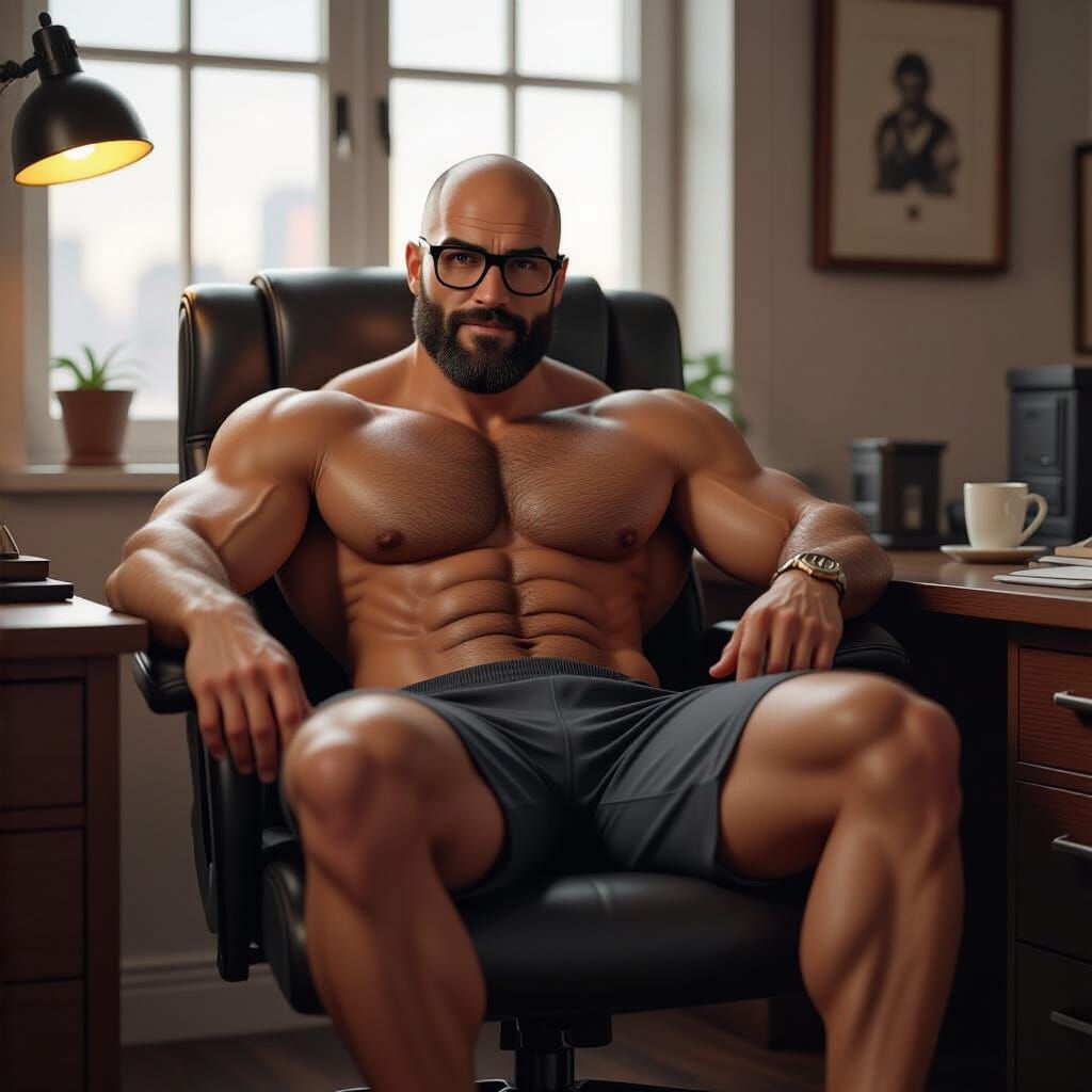 Shirtless Trainer Relaxing in Office, Dark Fantasy Art
