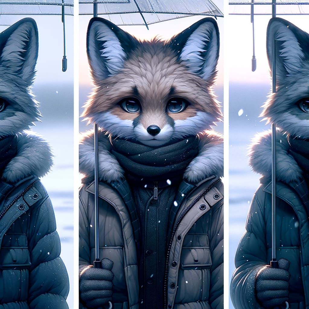 Sad Anthropomorphic Fox in Winter Puffer Set