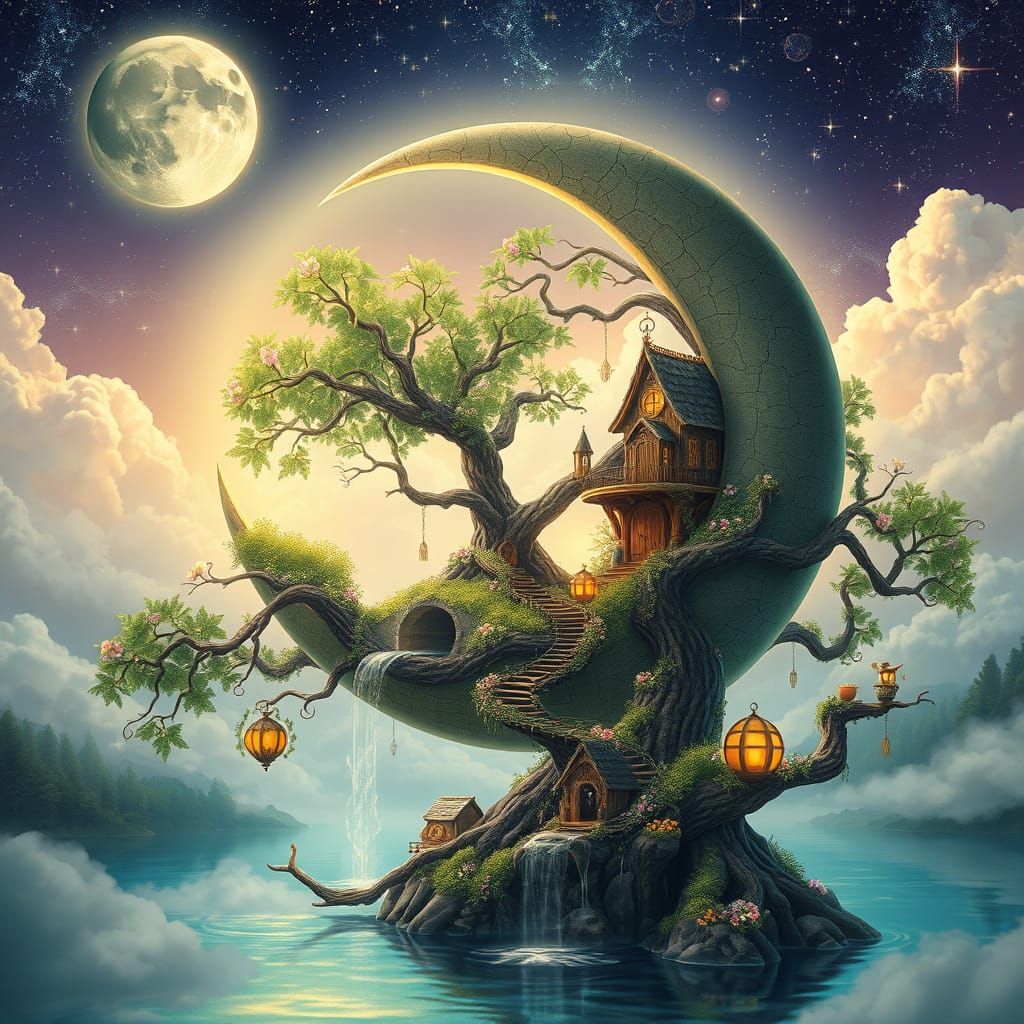 Whimsical Moonlit Treehouse in Dreamlike Fantasy