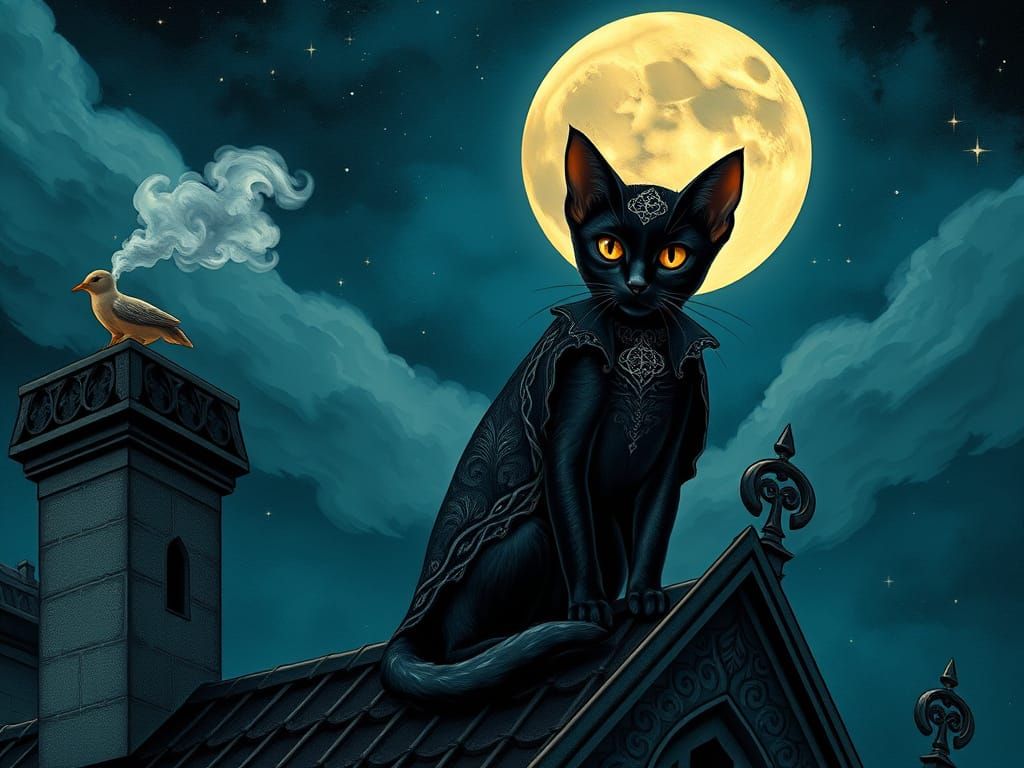Gothic Cat on Ornate Roof Under Starry Night Sky