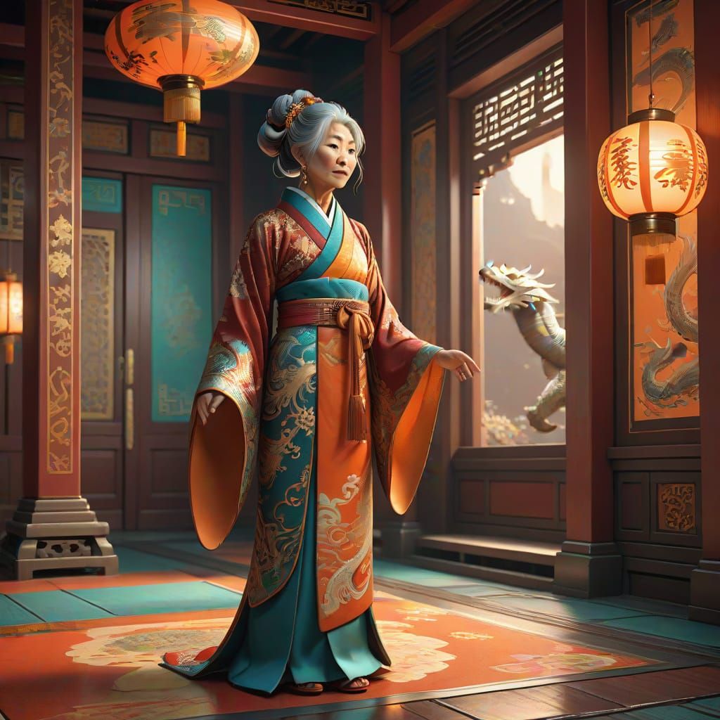 Elegant Dragon Mother in Asian Temple Hall