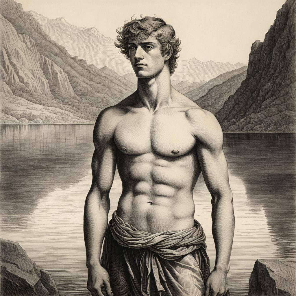Neoclassical Etching of Youth in Alpine Lake