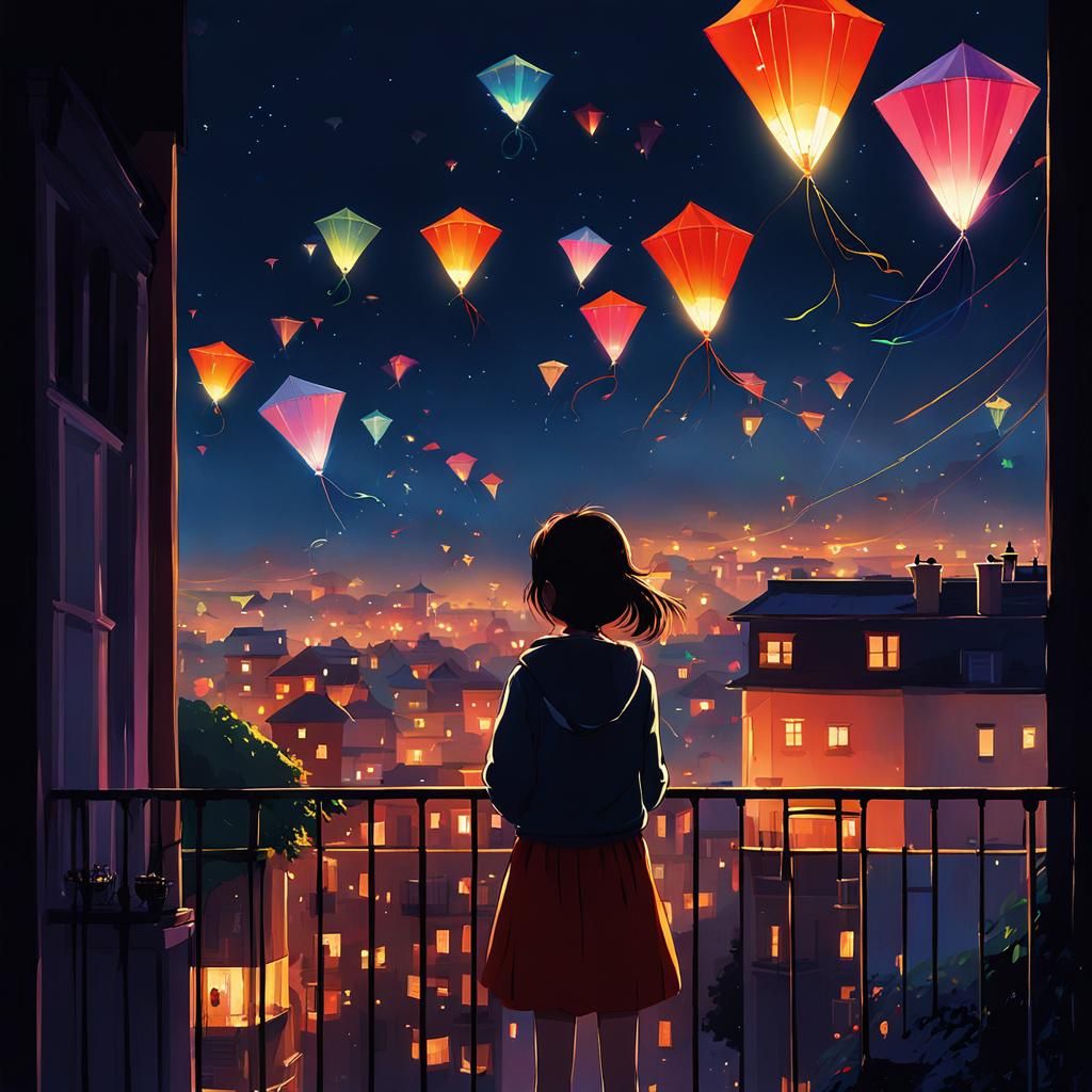 Girl Watching Kites at Night in Anime Style