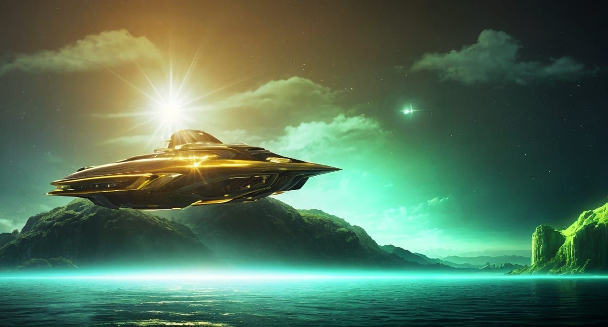 Gold and Jade Spaceship on Water