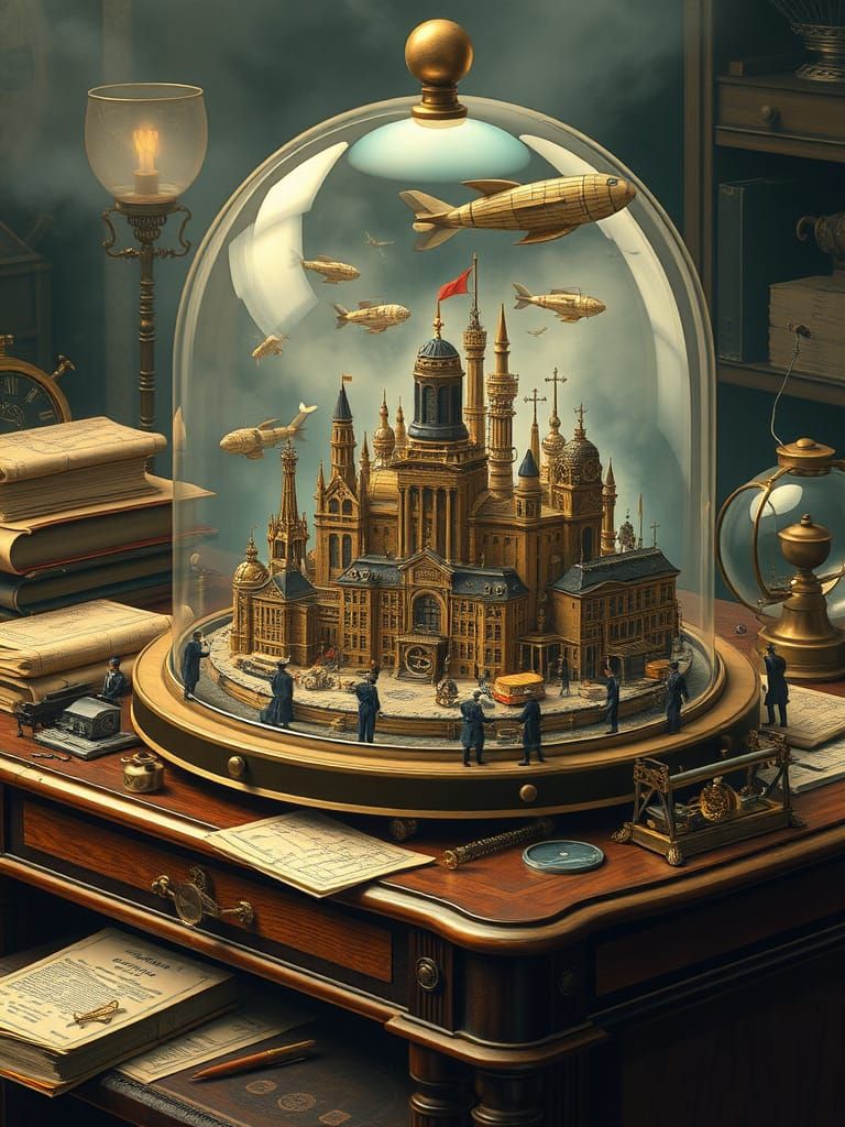 Steampunk City in Glass Dome, Art Nouveau Style