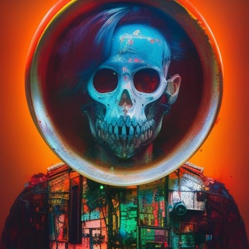 Festive Zombie Skull in Dystopian Surrealism