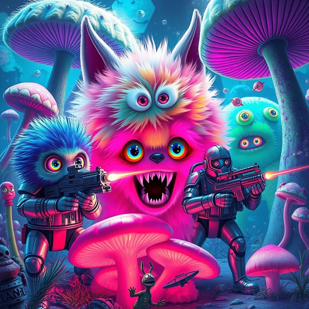 Vibrant Pastel Creatures Devour Space Marines in Neon Landsc...