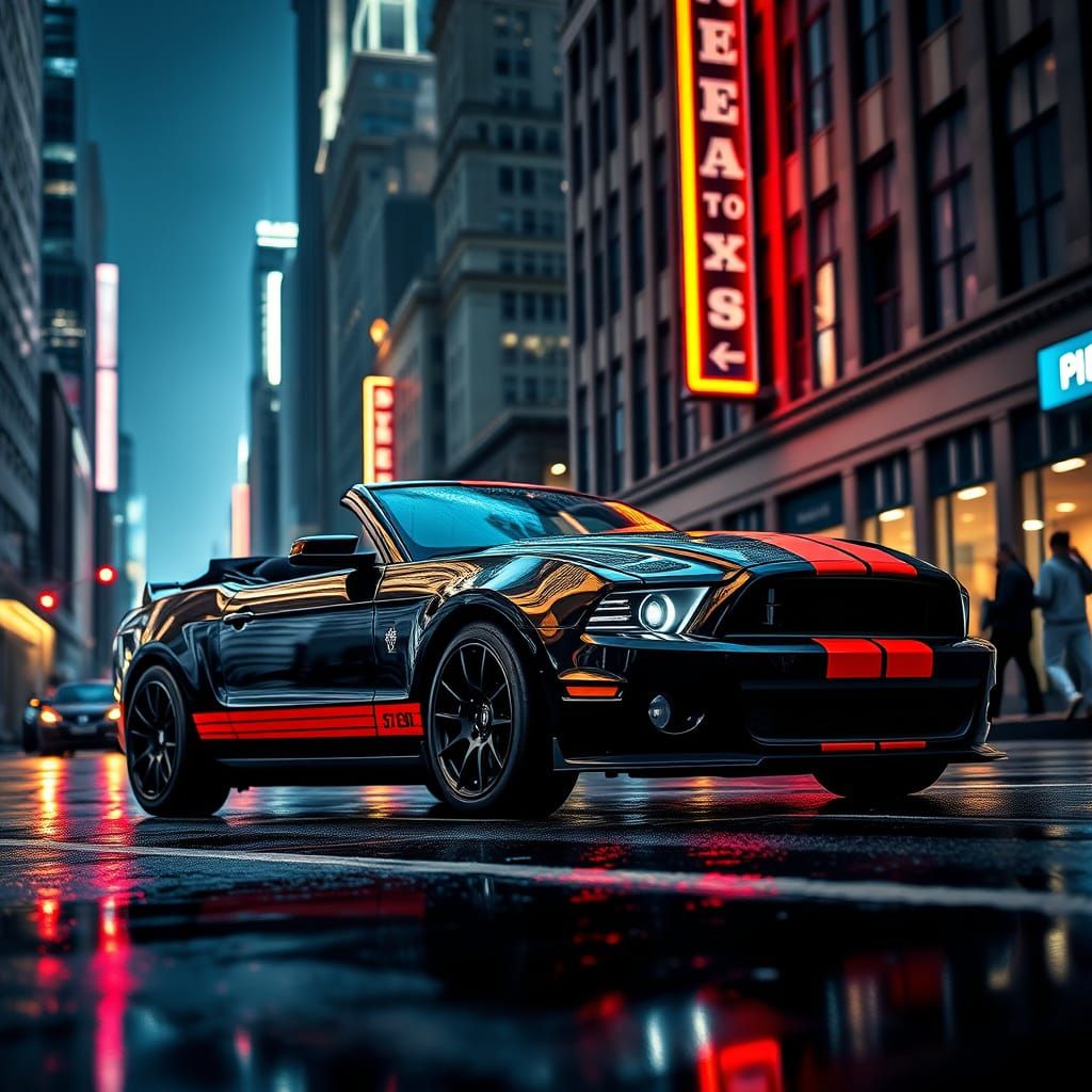 Sleek Black Shelby GT500 Convertible Under City Skies