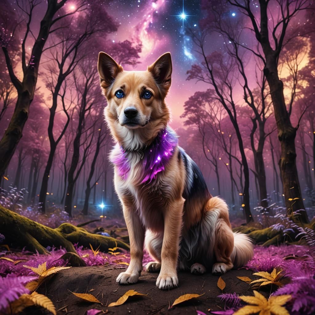 Pink and Purple Dog Watching Star in Galaxy