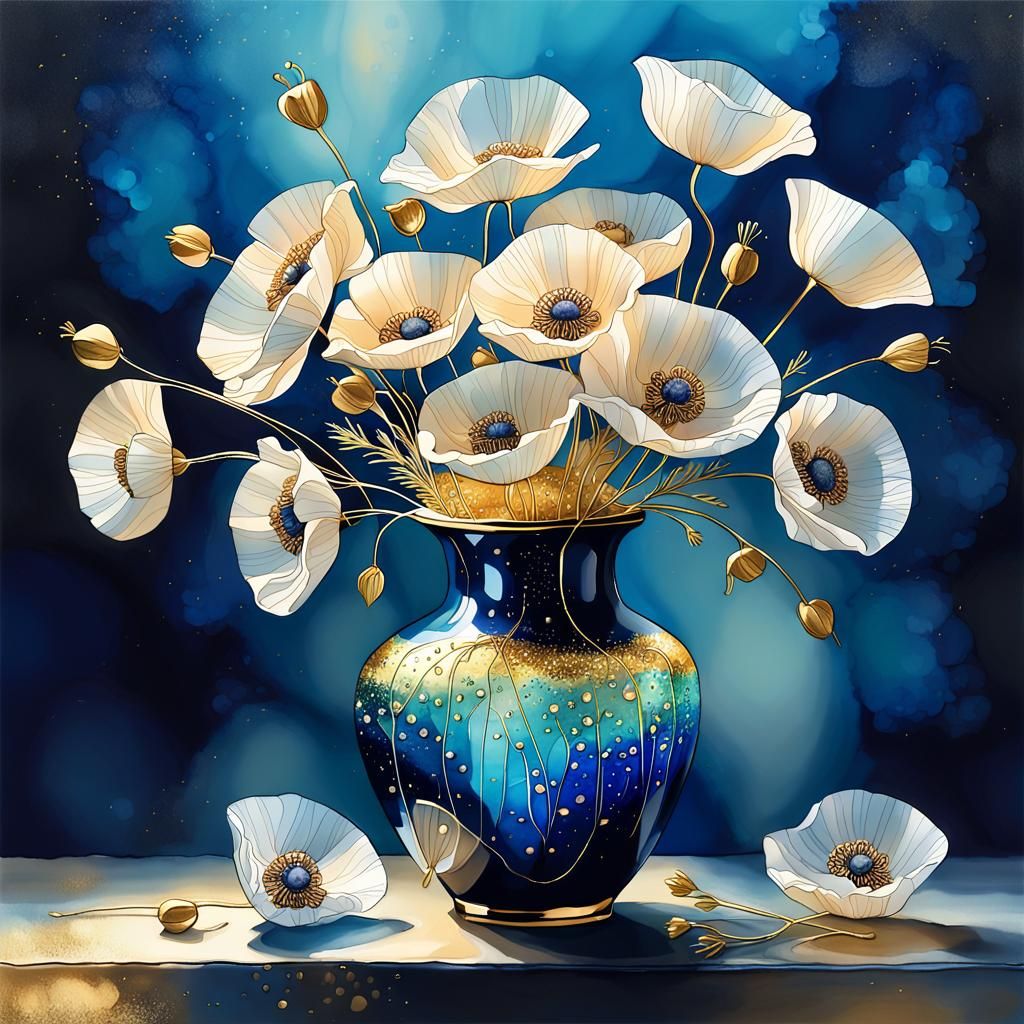 Alcohol Ink Poppies in Blue and Gold