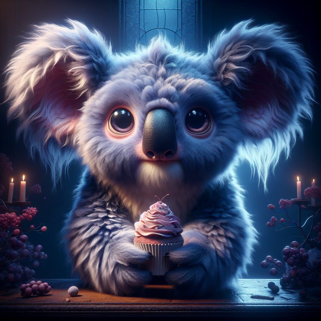 Whimsical Koala Creature in Dark Fantasy Bakery