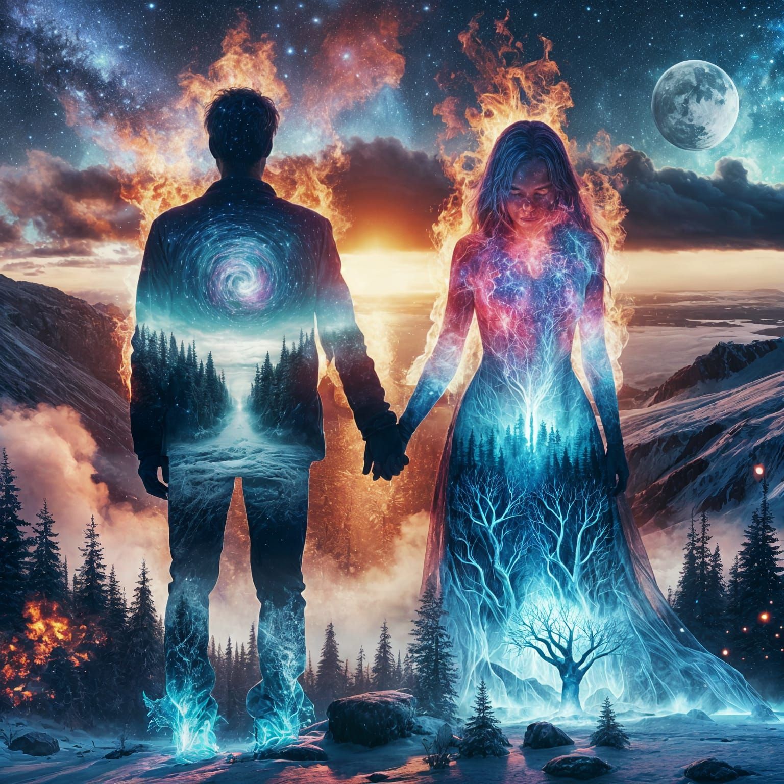 Cosmic Embrace in Fiery Twilight