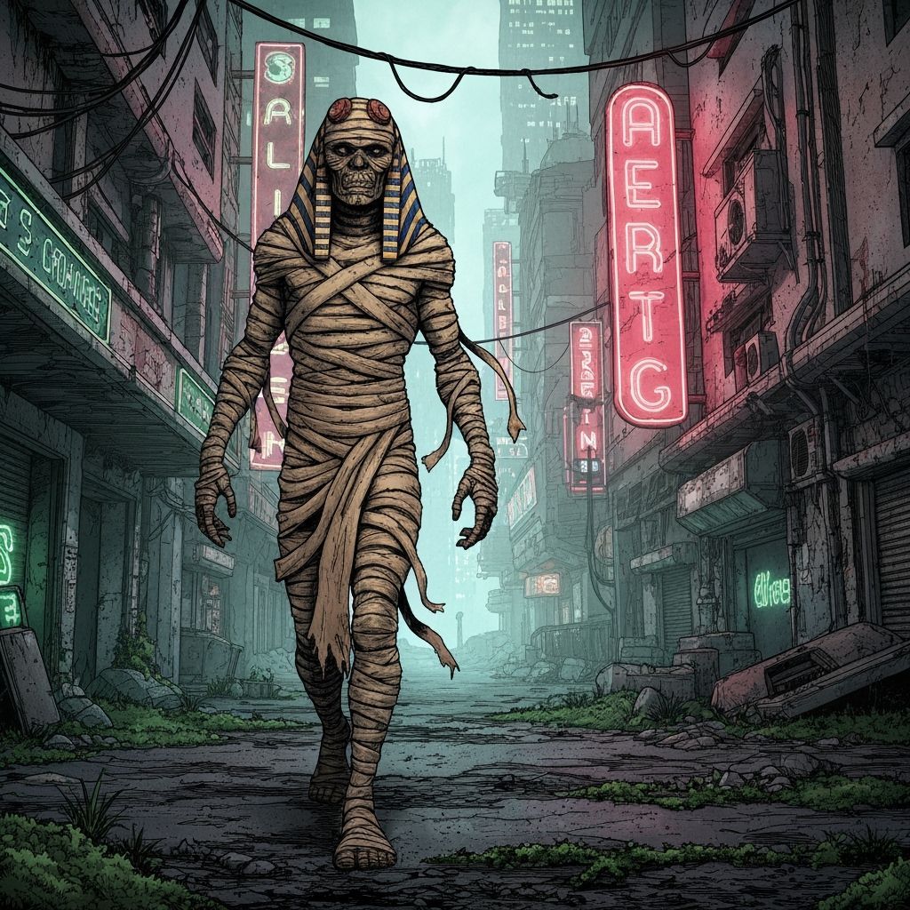 Reanimated Mummy Walks Neo-Noir Cityscape