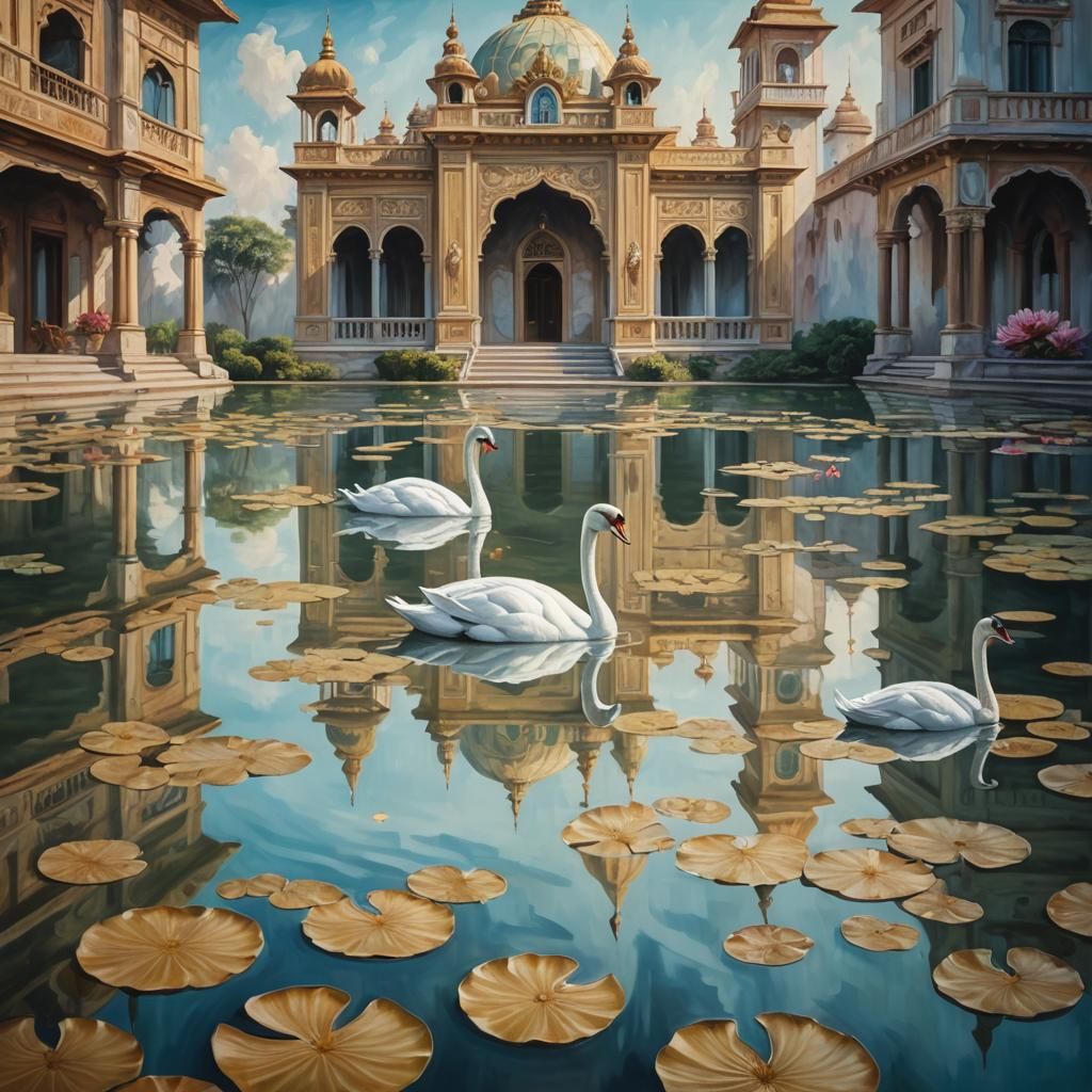 Surreal Architecture Reflecting on Lotus Lake
