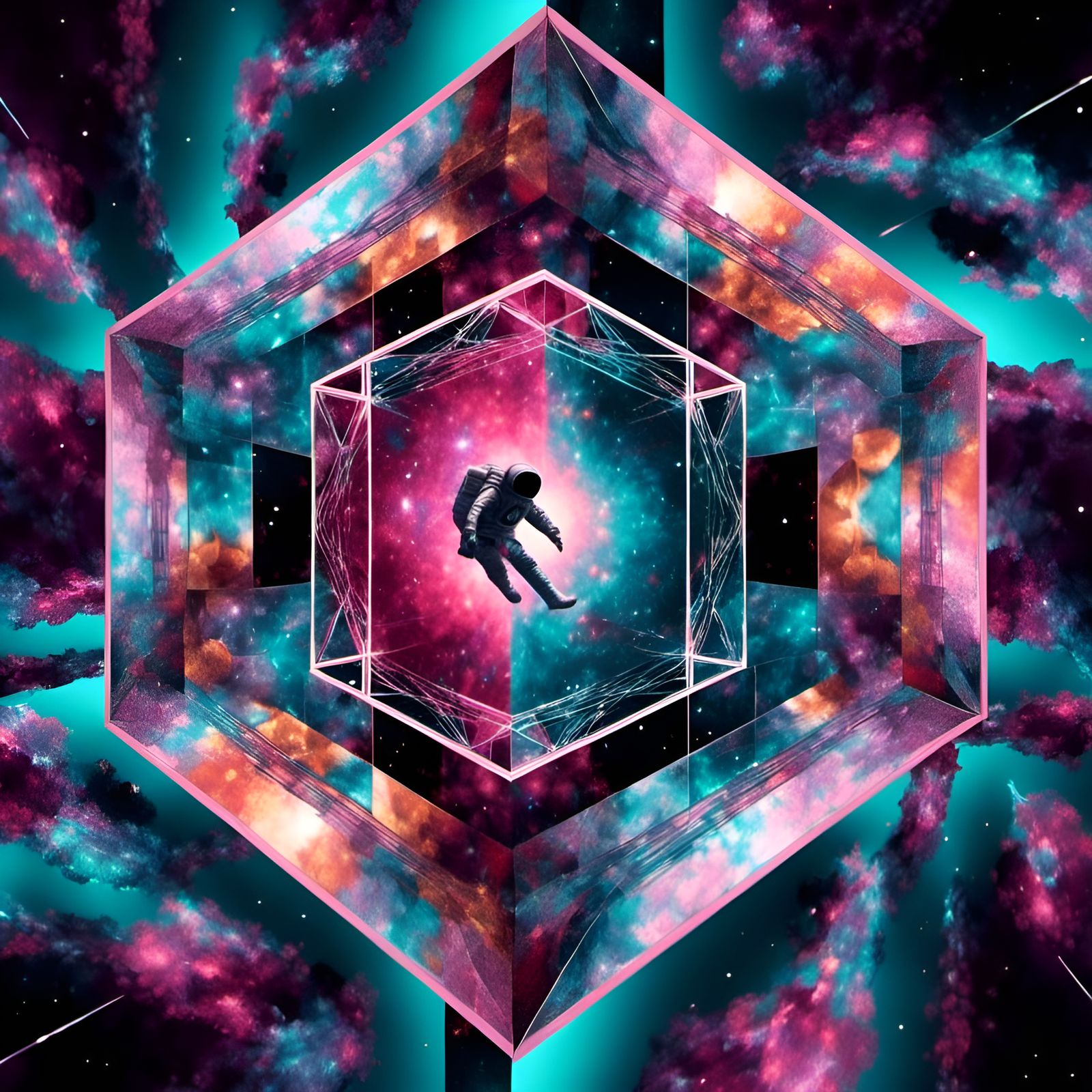 Astronaut in Mirrored Tesseract Hypercube Interior