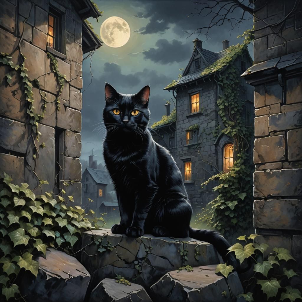 Eerie Gothic Cat Overlooking Haunted House