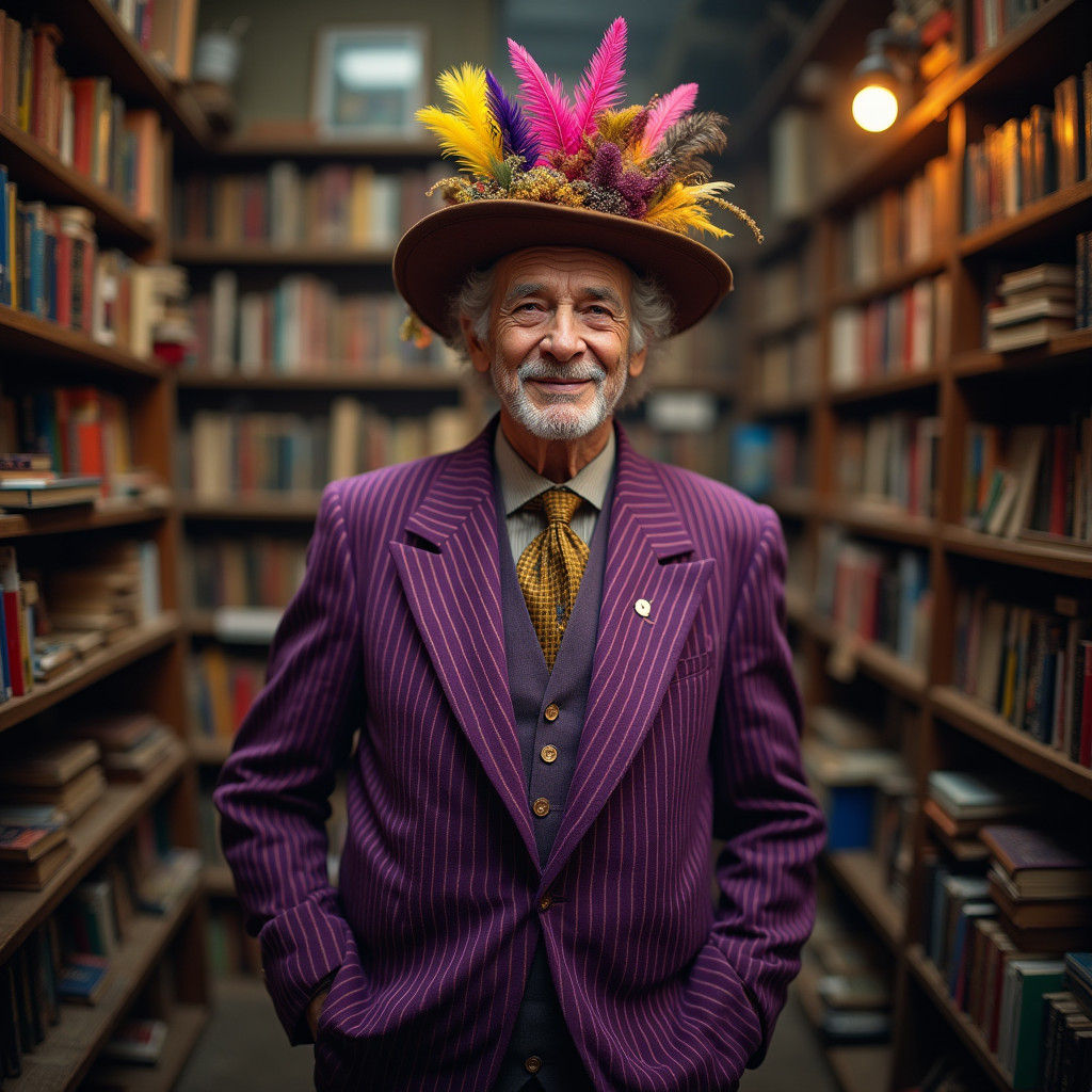 Jovial Man in Bookshop, Cinematic Portrait