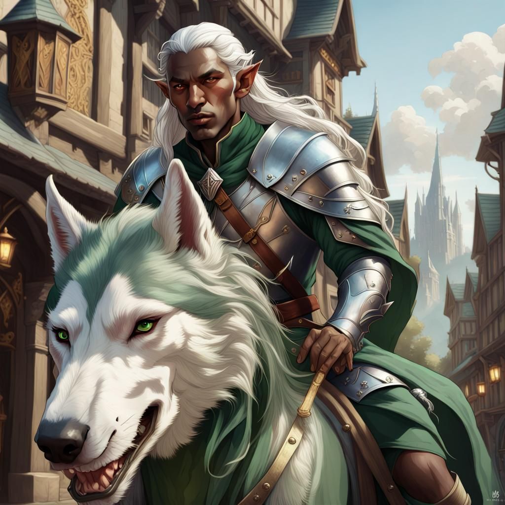 Elf on Giant Wolf in Medieval City, Hyperdetailed
