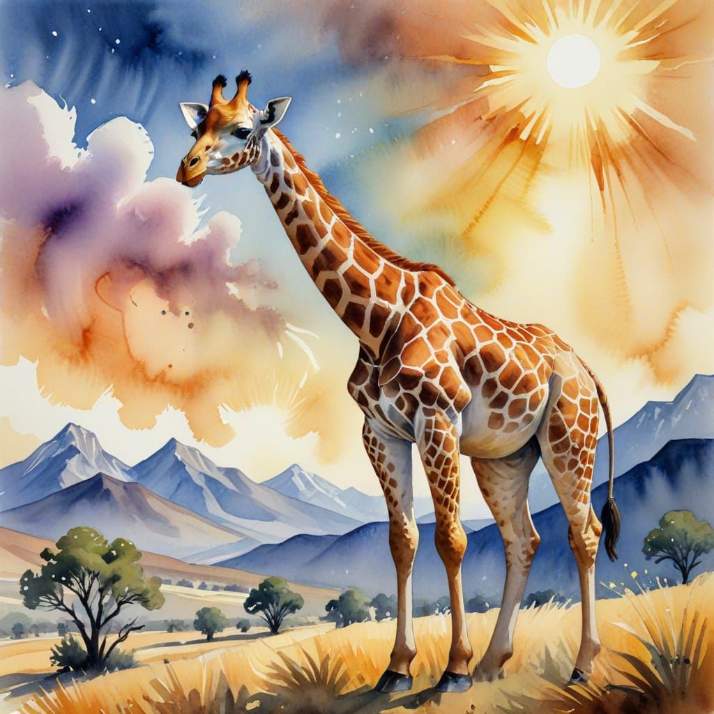 Watercolor Giraffe in Sun-Drenched Savanna