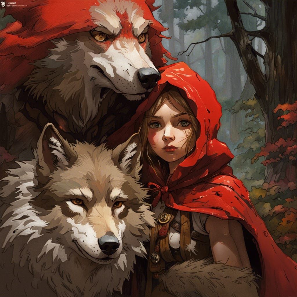 Little Red Riding Hood and Wolf in Forest