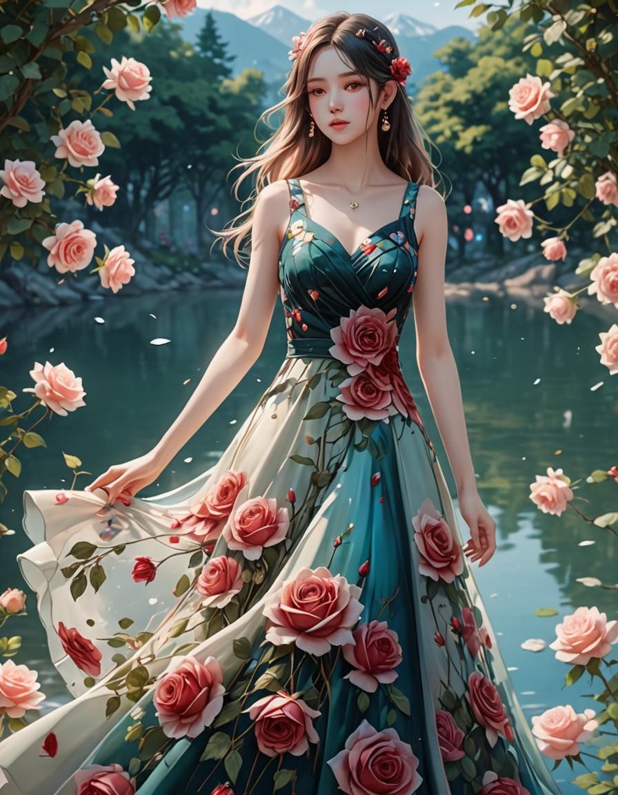 Anime Art: Flowing Rose Dress with Bokeh Lake