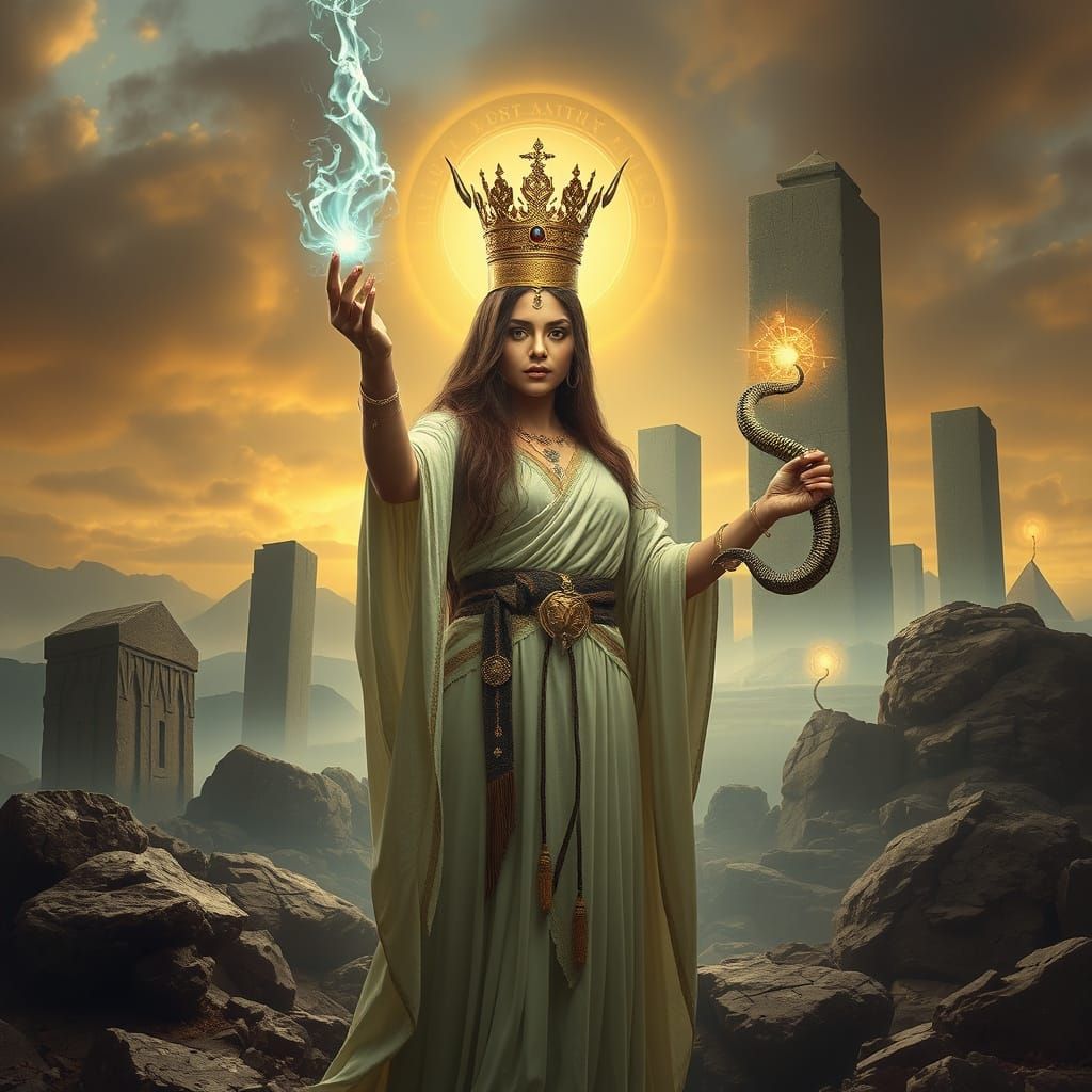 Mystical High Priestess Surrounded by Ancient Monuments