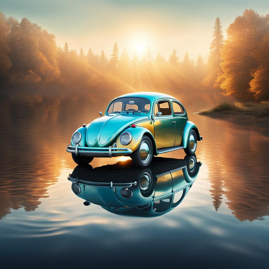 Glowing Orb with VW Beetle in Surreal Landscape