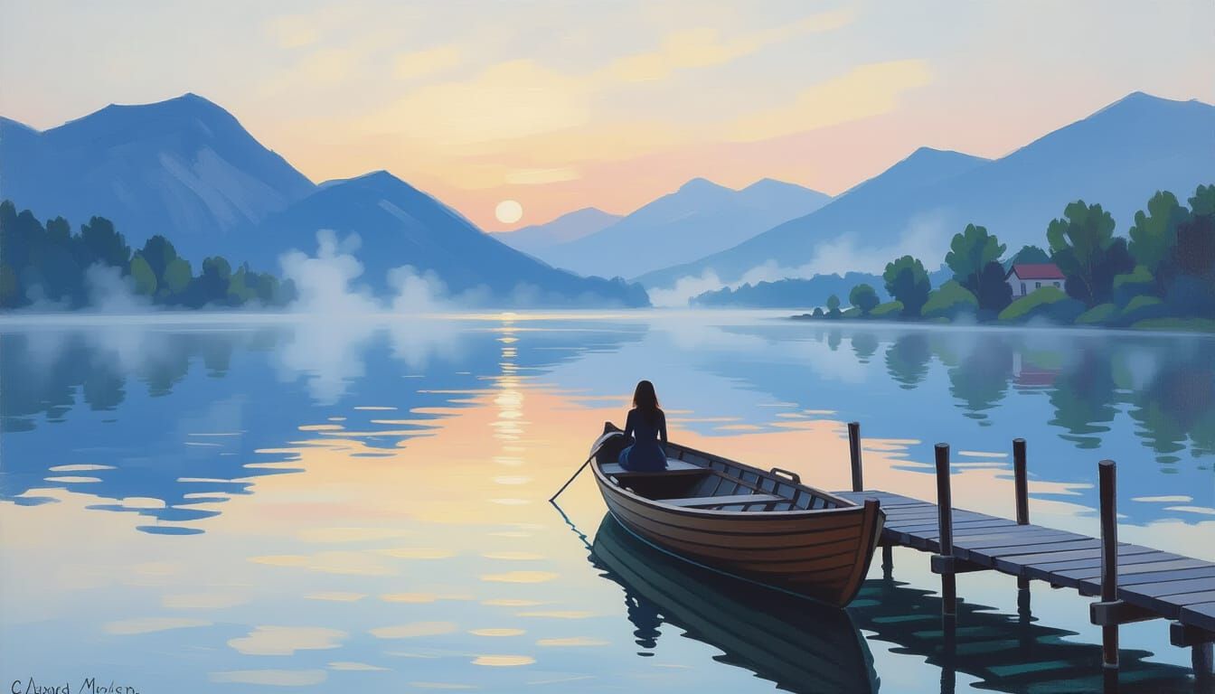 Serene Lake at Dawn: Impressionist Oil Painting