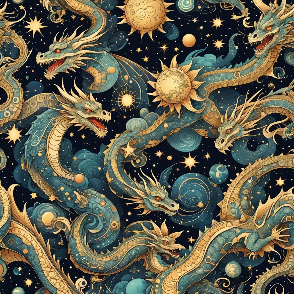 Dragons in Starry Sky with Abstract Fractals