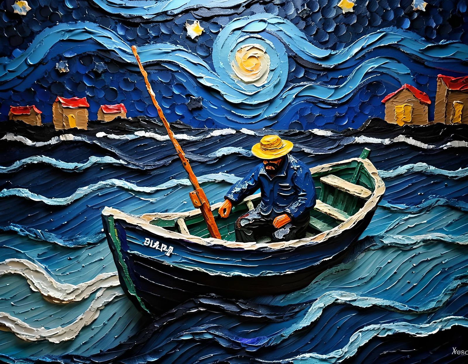 Fisherman's Impasto Painting on a Starry Night Sea