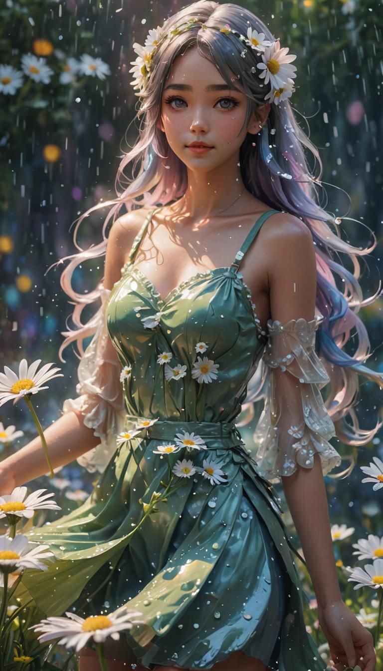Anime Girl with Daisies and Rainbow Backdrop