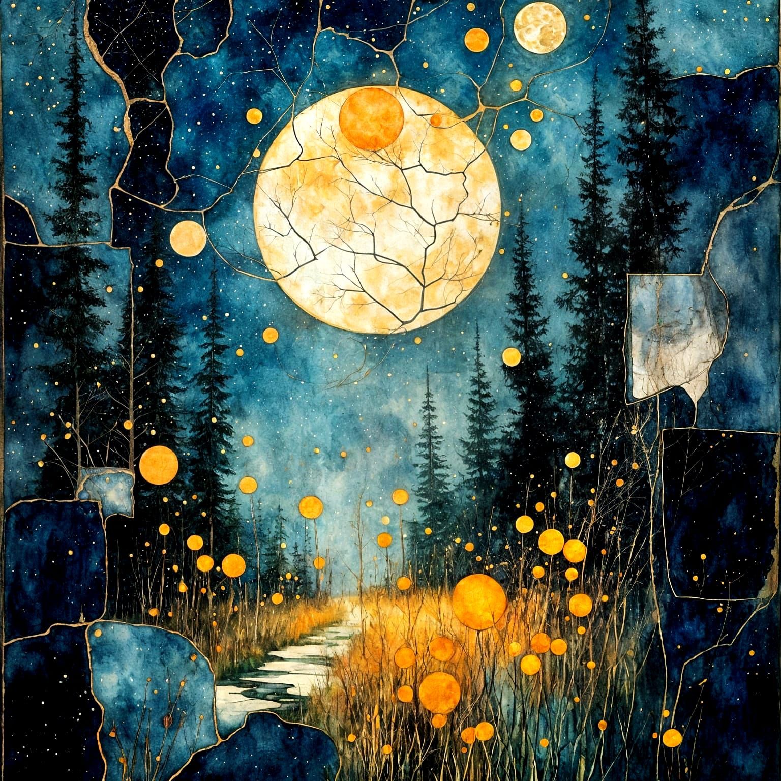 Surreal Woodcut Masterpiece: Moon Inside a Forest